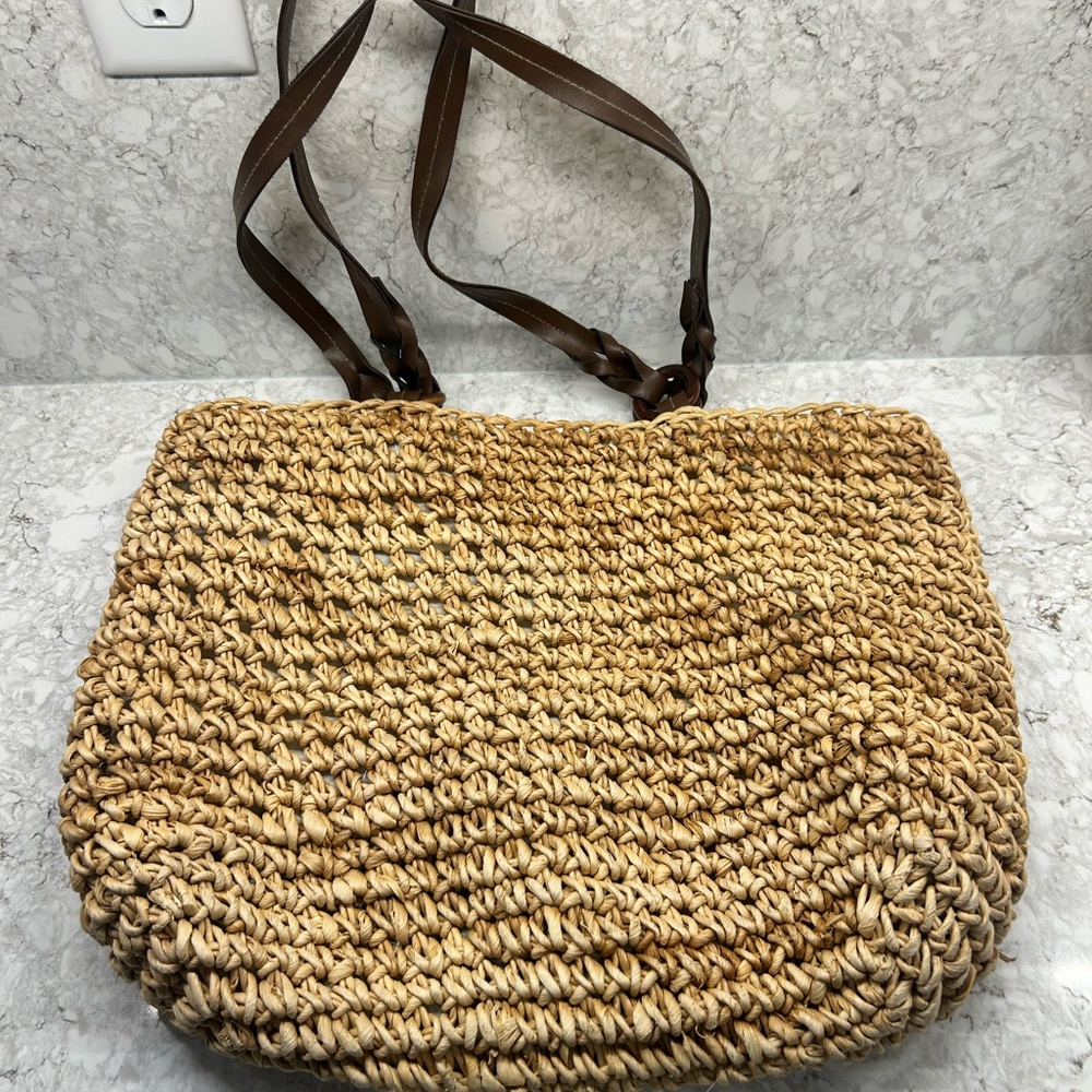 Handwoven Straw Tote with Brown Leather Straps - Natural